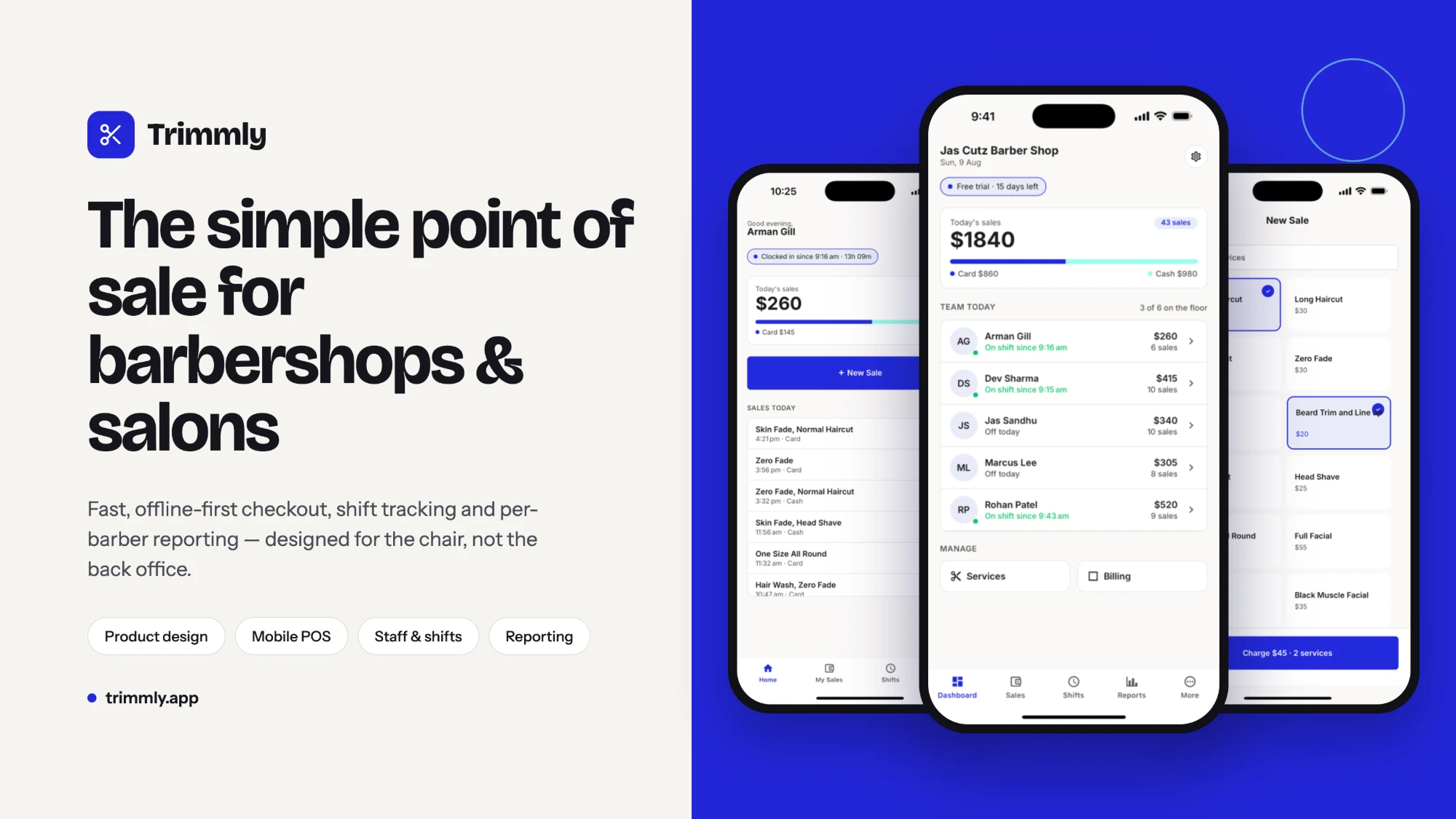 Trimmly on three phones: a barber's home screen with today's sales, the owner dashboard with team sales, and the new-sale service picker