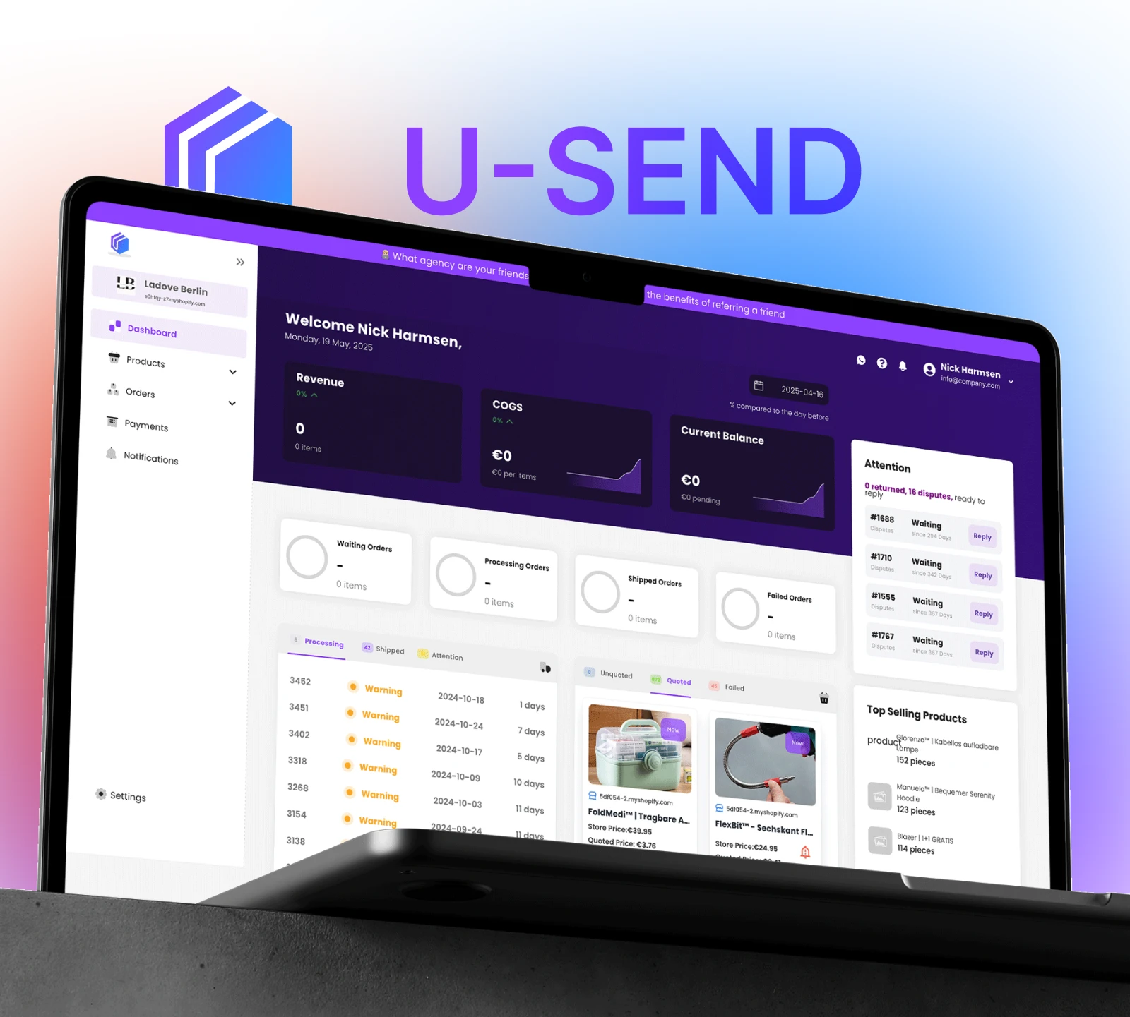 U-Send dashboard on a laptop, showing revenue, order status counts, open disputes and top-selling products
